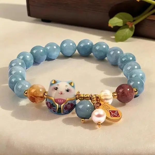 Blue Crystal Lucky Cat Bracelet for Women – Maneki Neko Feng Shui Good Luck Charm Jewelry, Minimalist Beaded Energy Bracelet, Trendy Fortune Wristband for Daily Wear, Gift & Summer Fashion Accessory