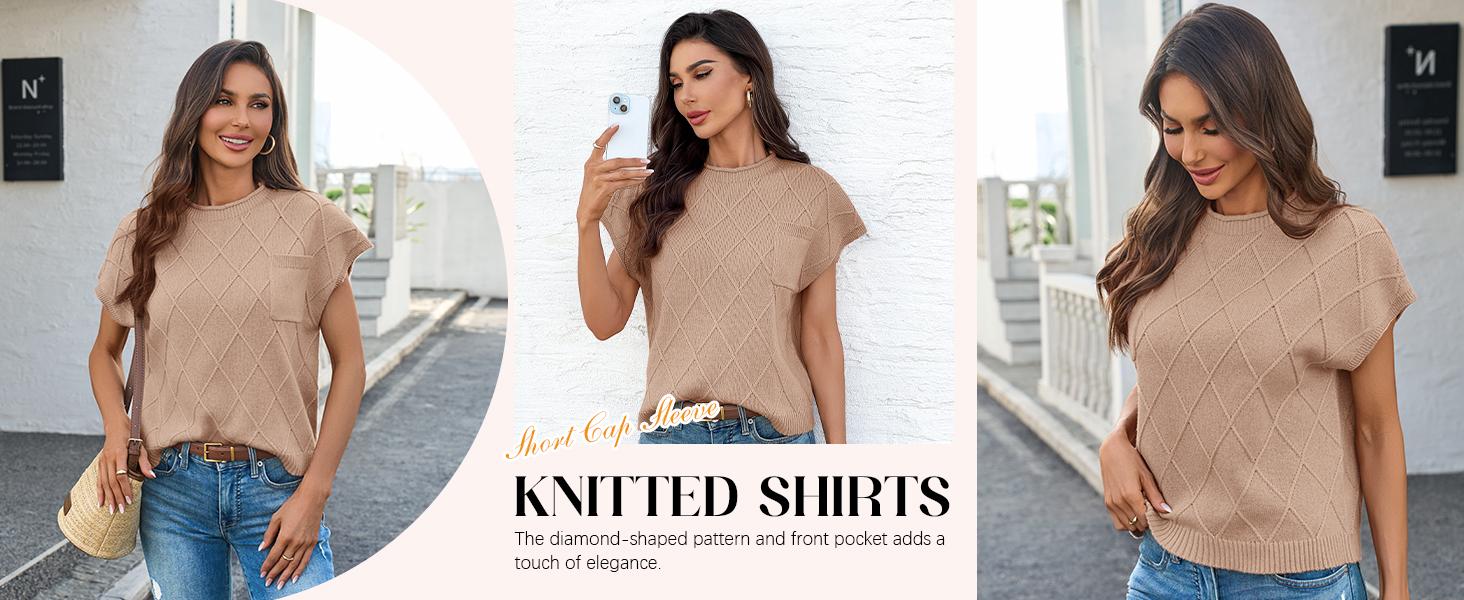 Saodimallsu Women's Mock Neck Cap Sleeve Sweater Vest Soft Lightweight Knit Tops for Summer & Spring Casual Outfits Shortsleeve Womenswear Basic Knitted Chunky Chic