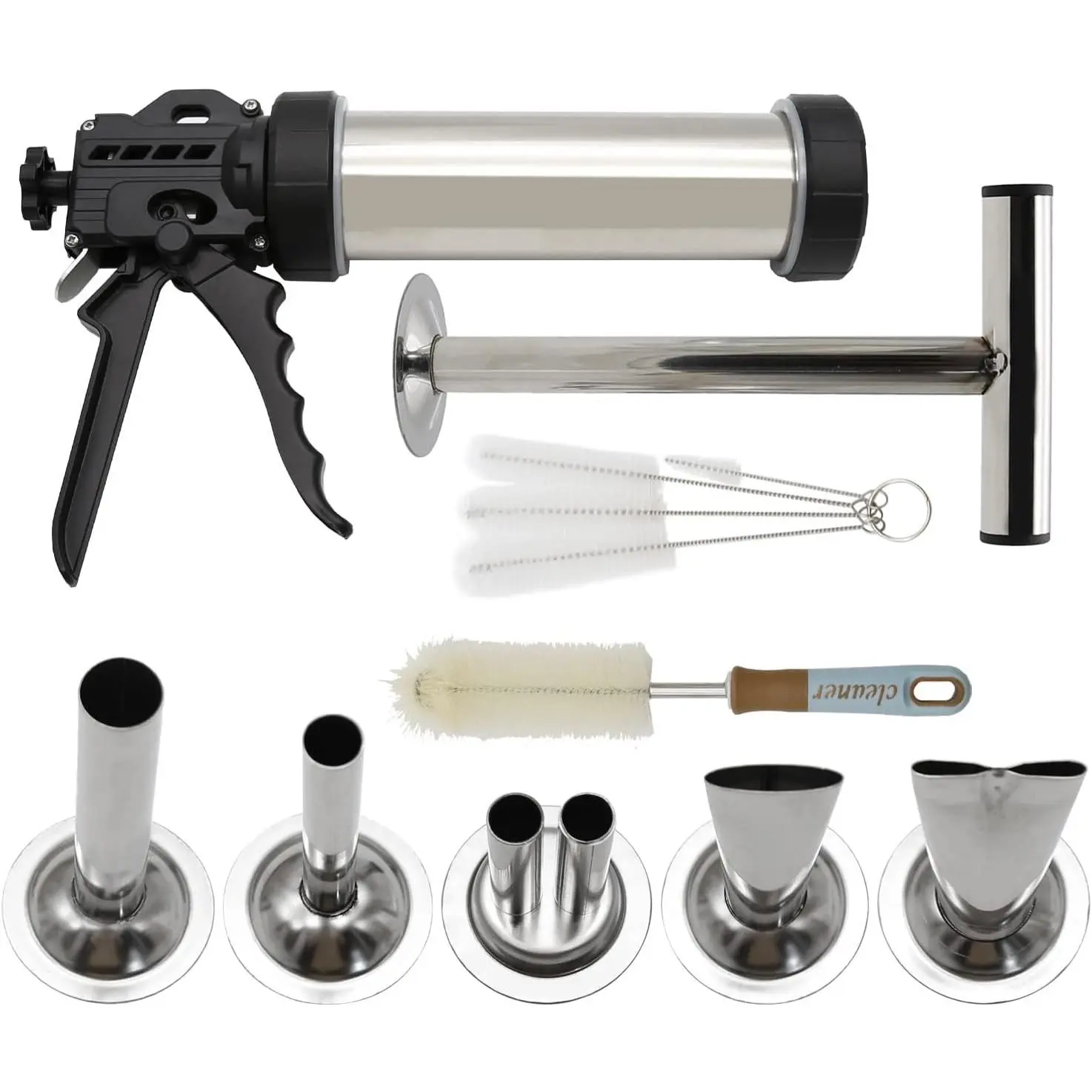 Stainless Steel Jerky Gun Kit, Beef Jerky Maker Gun for Ground Meat, Manual Sausage Stuffer and Salami Maker with 5 Stainless Steel Nozzles, Meat Pusher and Cleaning Brushes