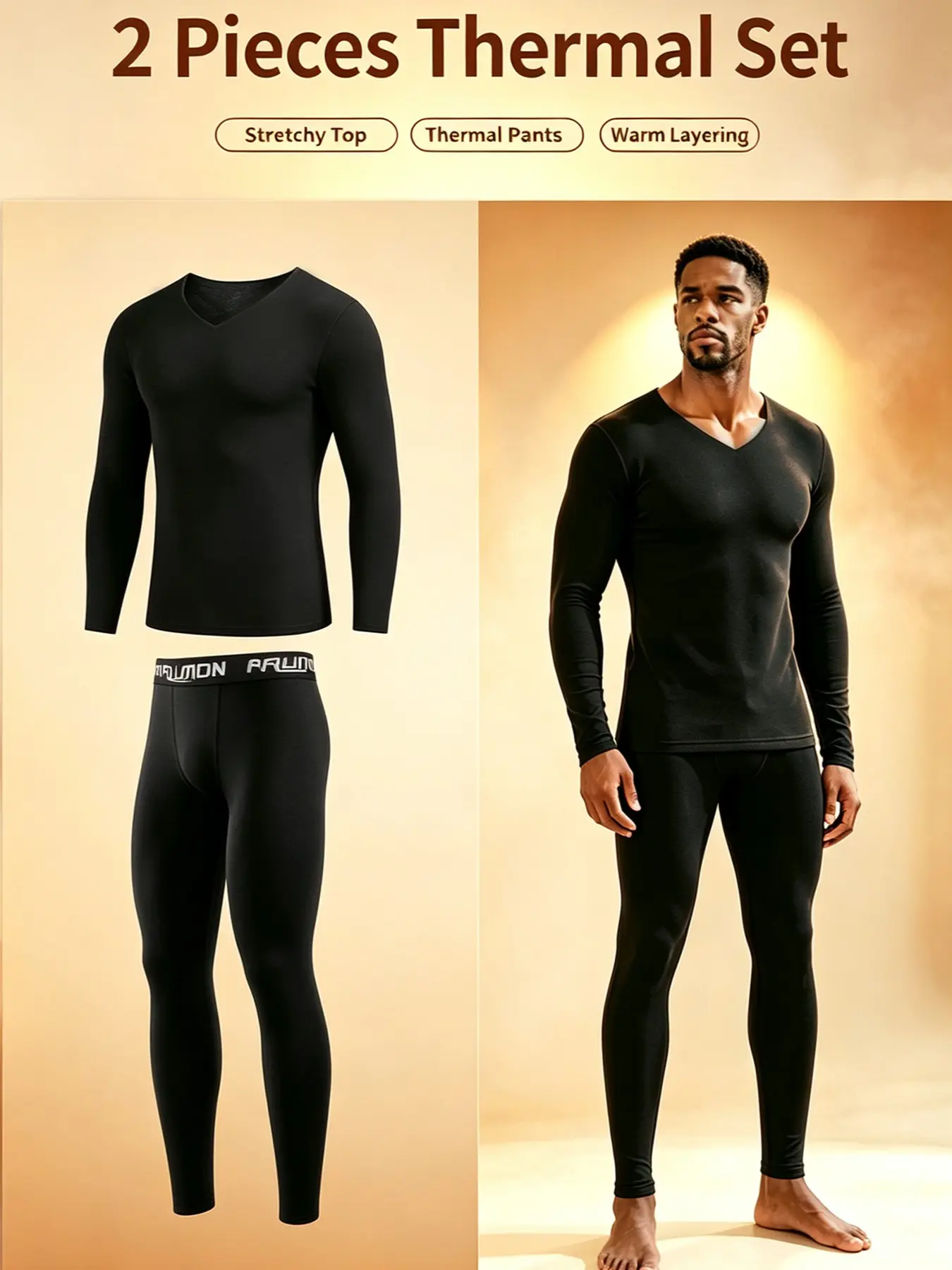 Men V-Neck Fleece Thermal Underwear Set High Elastic Warm Long Johns Top And Pants Soft Base Layer Thermal Suit For Winter Daily Workout