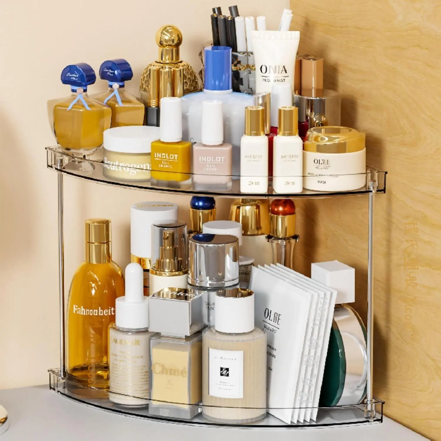 2 Tier Corner Bathroom Counter Organizer,Clear Bathroom Organizers and Storage,Acrylic Bathroom Counter Shelf and Perfume Holder for Skin Care,Makeup,Toiletry Products and Perfume Organizer