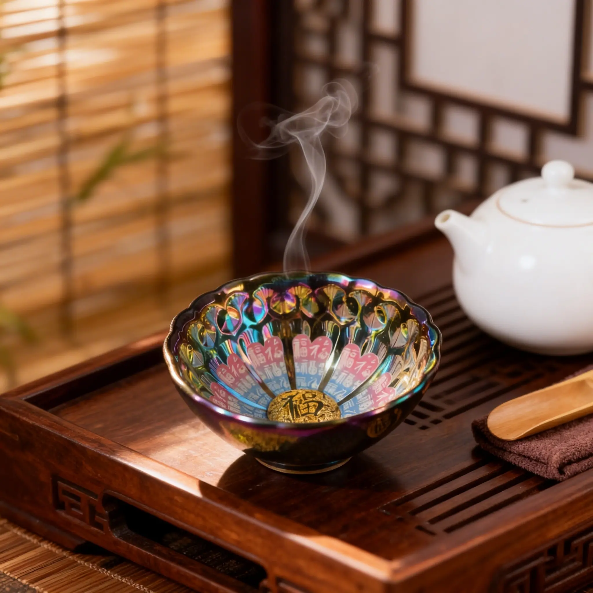 Colorful Gold Lotus Titanium Ceramic Aesthetic Tea Cup, Traditional Chinese Fu Character Teapot Master Cup, Handmade Craftsmanship, Prosperity Symbol Gift