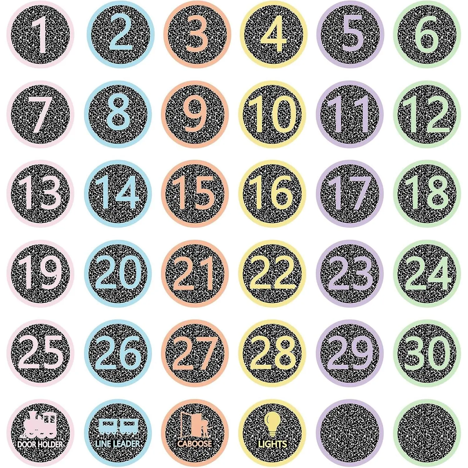 36-Count Large 6'' PVC Synthetic Self-Adhesive Round Composition Notebook Classroom Floor Number Line-Up Spot Decals, Back-to-School Classic Office/School Stationery Markers