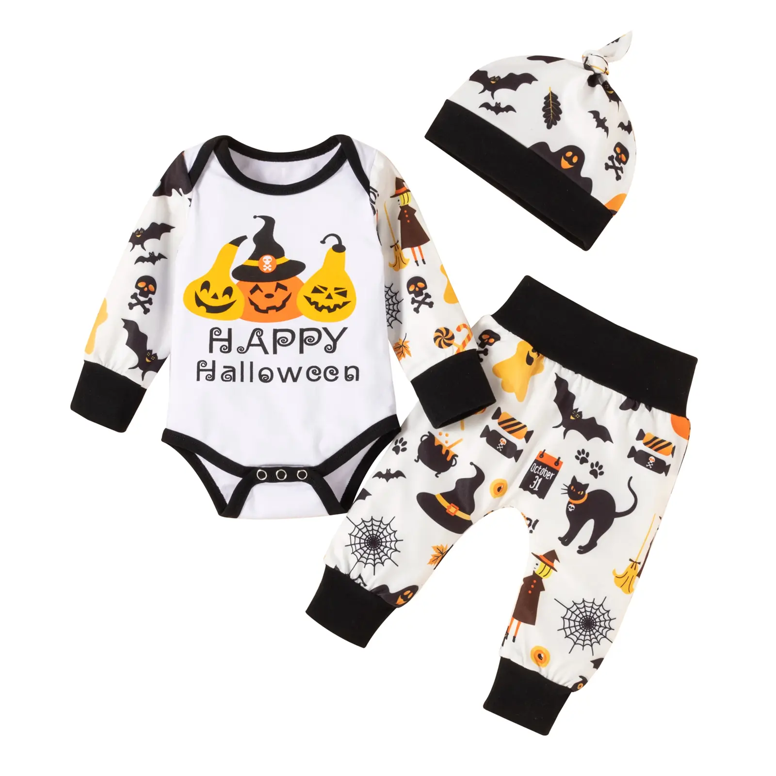 Toddler Boys 1st Halloween Outfits Long Sleeve Letter Print Romper Bodysuit And Pumpkin Print Suspender Pants And Hat 3pcs Set Baby Boy First Halloween Clothes