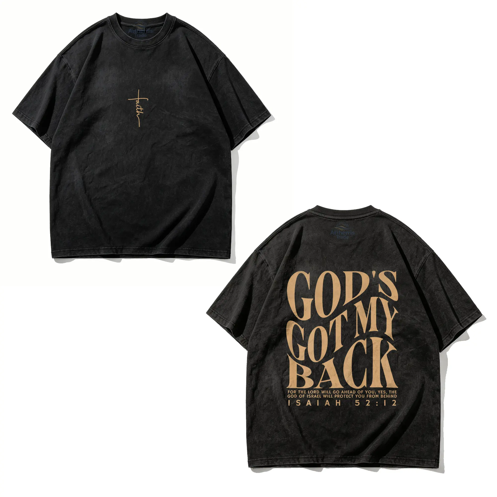 God's Got My Back Front and Back Cotton Washed T-shirt, Graphic Crew Neck Soft Top Short Sleeve Casual Unsex Washed Shirt for Men Women
