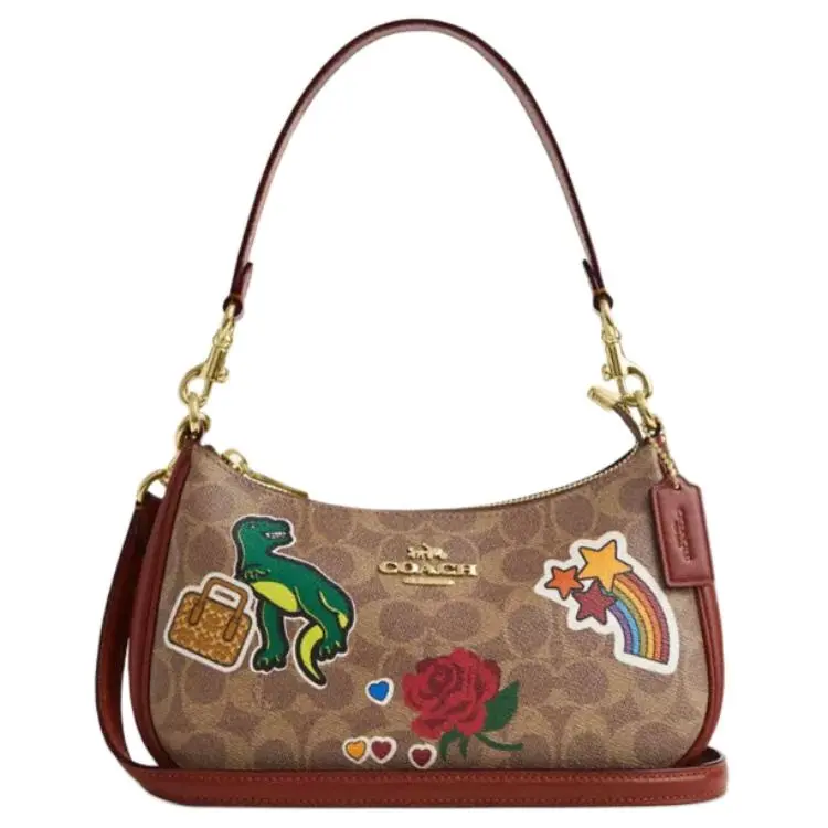COACH Teri 24 Top-Zip Crossbody Handbag for Women, Sticker-Print Logo, Coated Canvas and Leather, Tan Multicolor