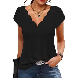 Womens Summer Tops Seashell Edge V Neck Shirts Petal Short Sleeve Top Dressy Casual Tunic Blouses