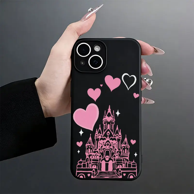Pink Disney Castle Floating Hearts Sparkle Cute Phone Case，Soft Pastel Princess Cartoon Style for iPhone 17 16 15 14 13 12 11 Plus Pro Max，Sweet Girly Aesthetic Gift.