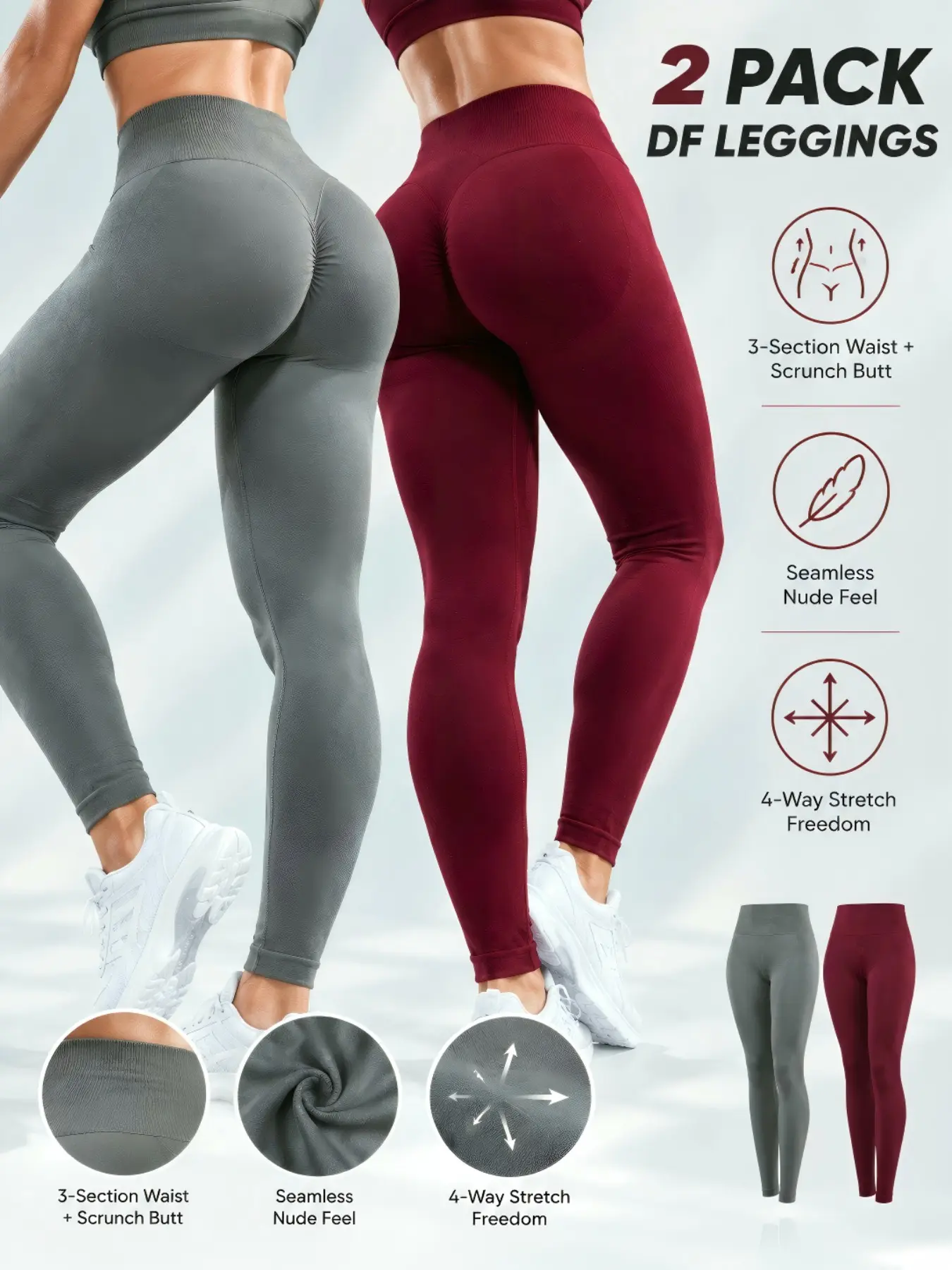 2‑Pack Women Solid Color Seamless High‑Waist Yoga Leggings, Tummy Control Waist Shaper Scrunch Butt Lifting Workout Leggings, 4‑Way‑Stretch Soft Nude‑Feel Breathable Athletic Pants for Gym Running Exercise, Daily Casual, Yoga & Pilates