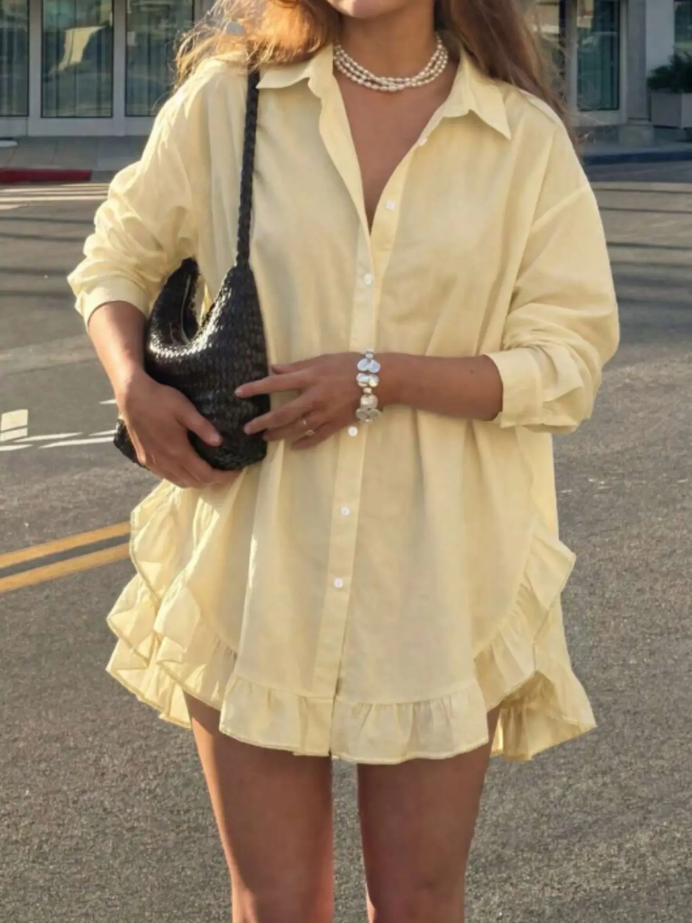 Women's Solid Color Button Down Shirt Dress Lapel Collar Long Sleeve Ruffle Curved Hem Loose Casual Mini Tunic Dress Versatile Daily Outdoor Vacation Beach Cover Up Outfit For Women Multi Occasion Weekend Shopping Travel Poolside Light Outfits Spring Summ