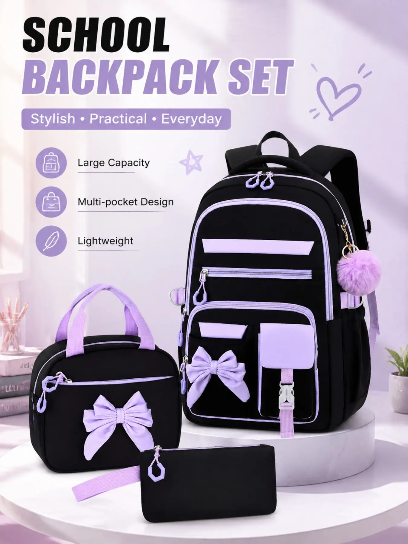 3pcs Casual Bowtie Backpack for Teens, Fits 15inch Laptop, Adjustable Straps, Smooth Zippers, Ideal for Travel and School, Trendy Fashion Backpack