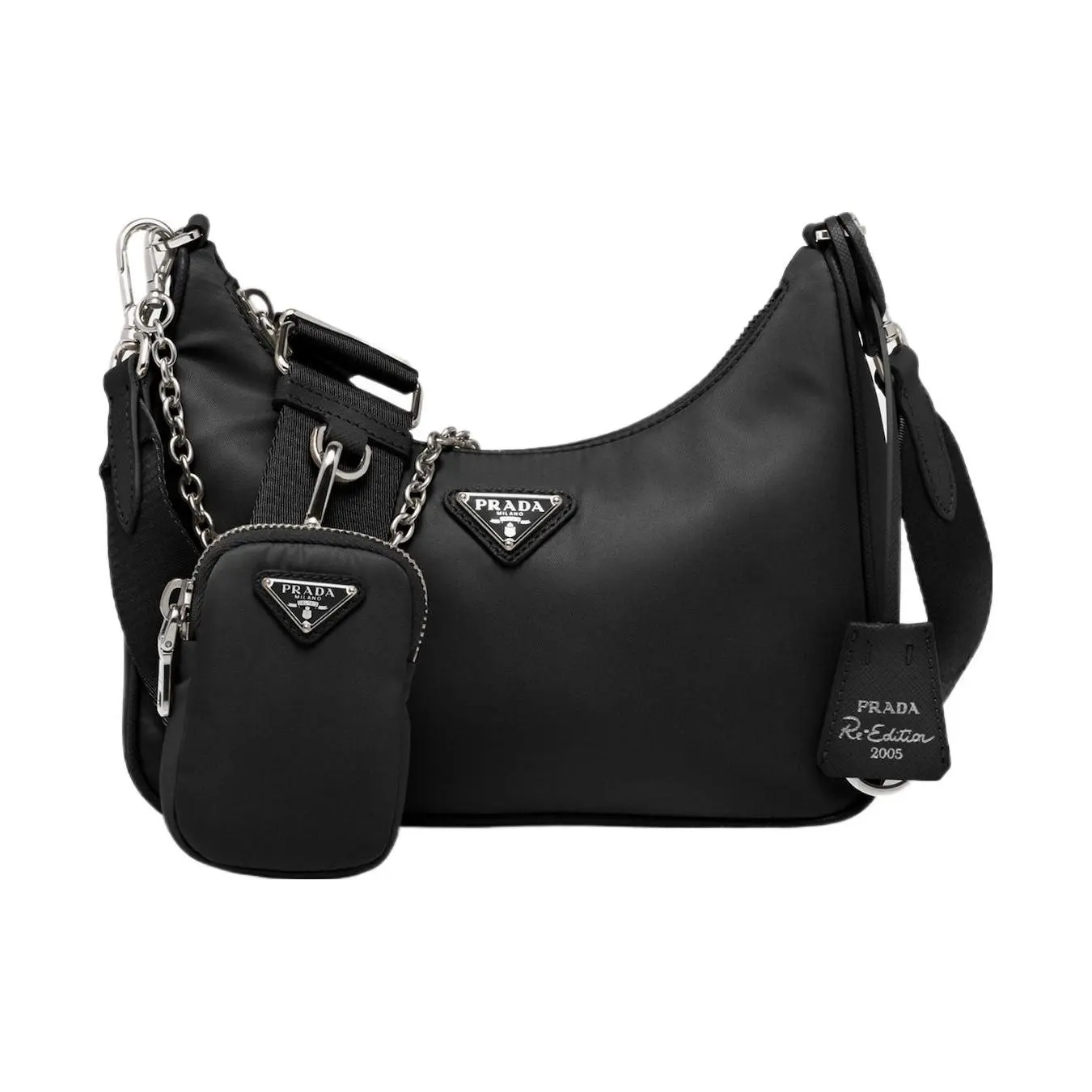 Prada Re-Edition 2005 Enamel Triangle Logo Detachable Chain Crescent Crossbody Bag for Women, Regenerated Nylon and Leather, Black