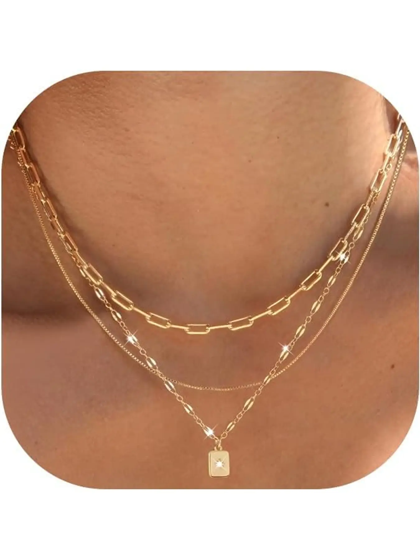 Layered Gold Necklaces for Women Trendy, Layering Necklace, 3 Pcs 14K Gold Plated Choker Paperclip Box Chain Necklace, Stackable Women's Gold Pendant Necklaces Jewelry Set