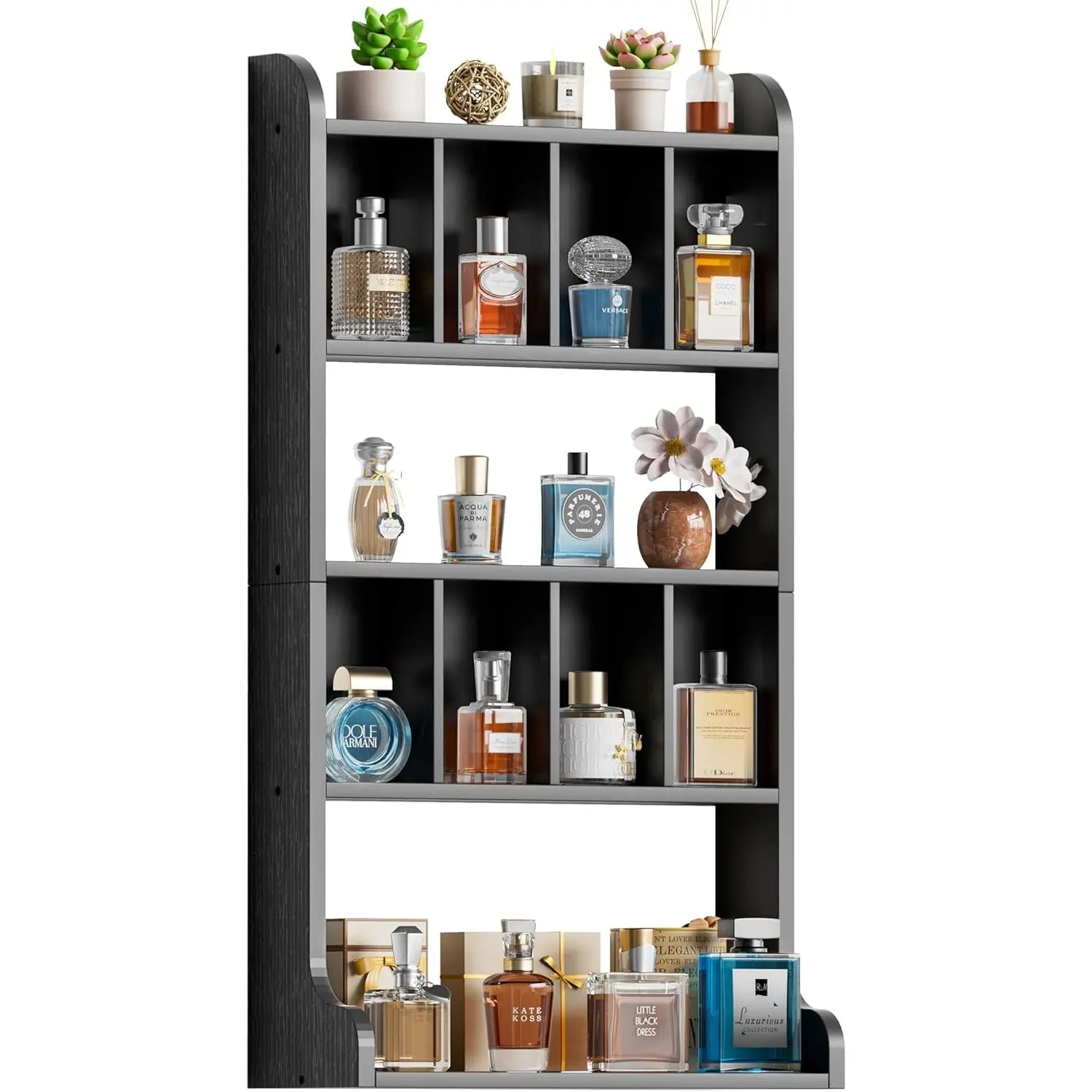 Wooden Wall-Mount Perfume Organizer - Large Multi-Tier Cologne Display Cabinet for Rock, Succulent, Collectible Figures & Shot Glasses, Black, Home Storage Gift Idea, Collectible Focus