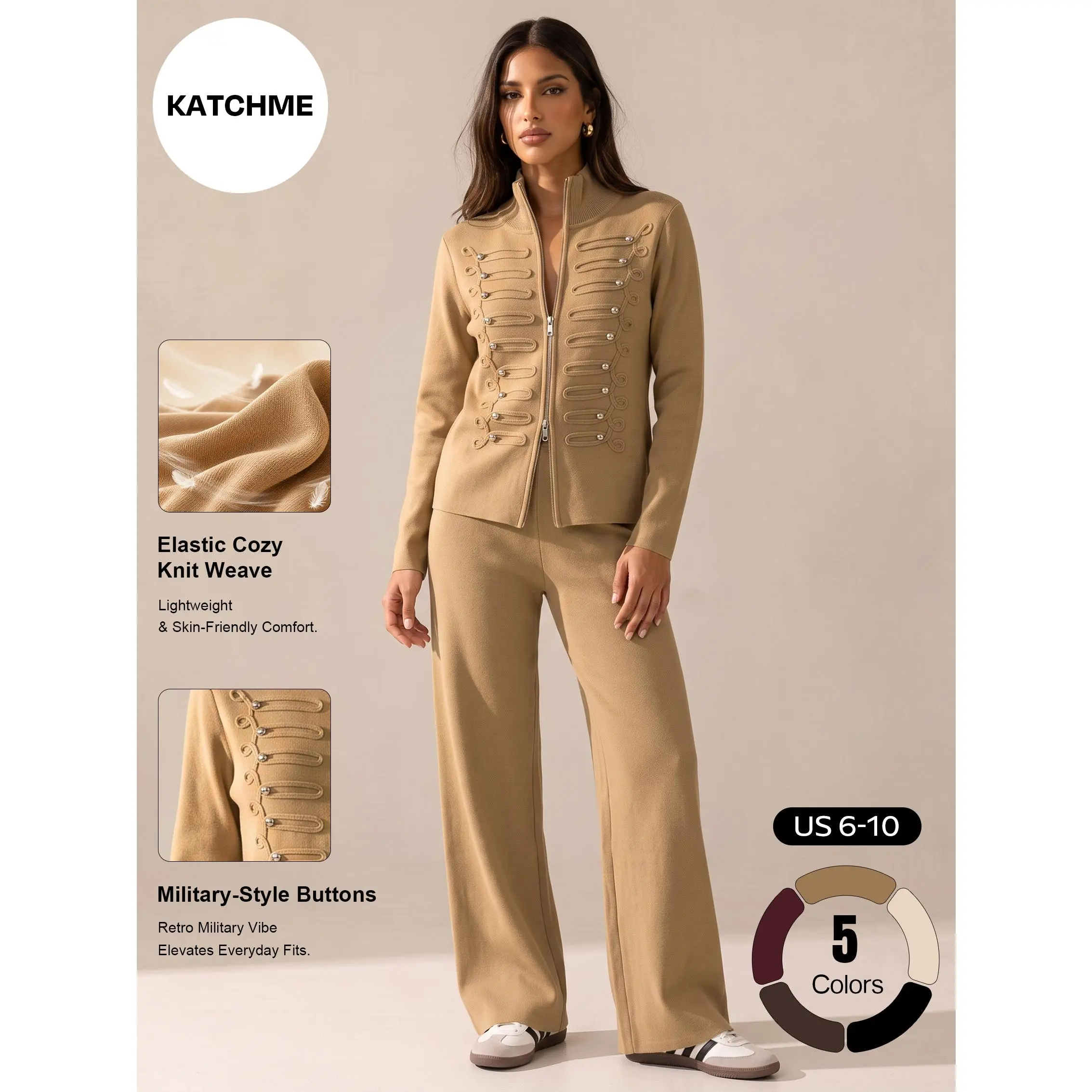 Katch Me Chic Women's Versatile Double Zipper Knit Cardigan & Wide Leg Trousers Co-ord, Vintage Napoleon Military Band Style Mock Neck Matching Set, Lightweight Stretchy Cozy Solid Color Two Piece Outfit #TikTokMadeMeBuyIt #CasualSet #ComfyOutfit