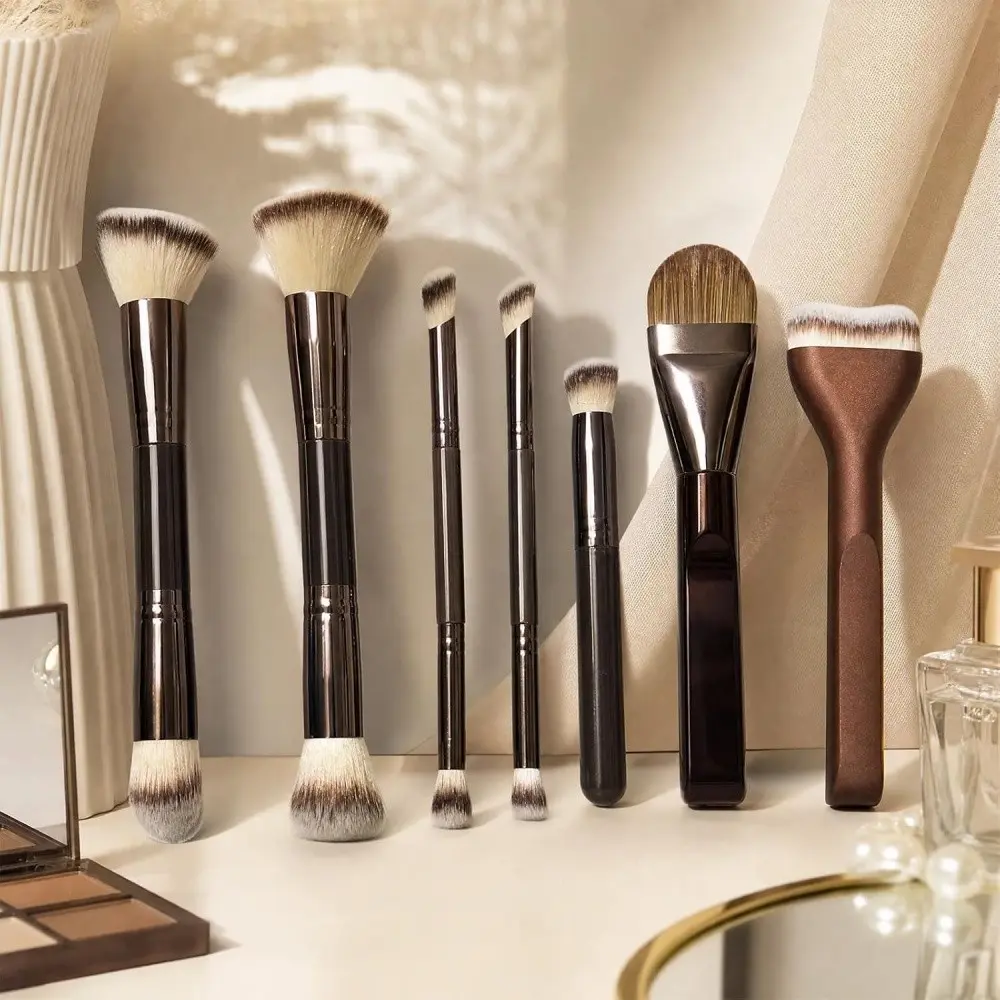 Coffee Makeup Brush Set, Dual-Ended Foundation Brush Kit, Includes Foundation Brush, Contour Brush, Blush Brush, Powder Brush, Eyeshadow Brush, Face Makeup Brushes