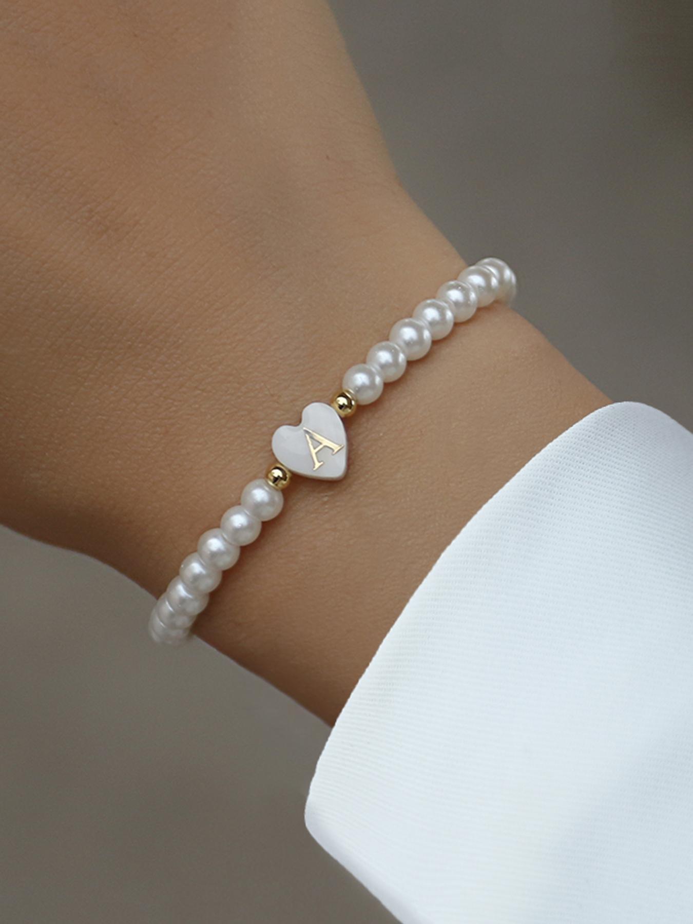 Women's Elegant Faux Pearl Decor 26 Letter & Heart Design Bead Bracelet, Trendy Exquisite Matching Bracelet, Chic Gorgeous Cute Jewelry As Gift for Girlfriend, Pearls Beaded, Pretty Bracelet