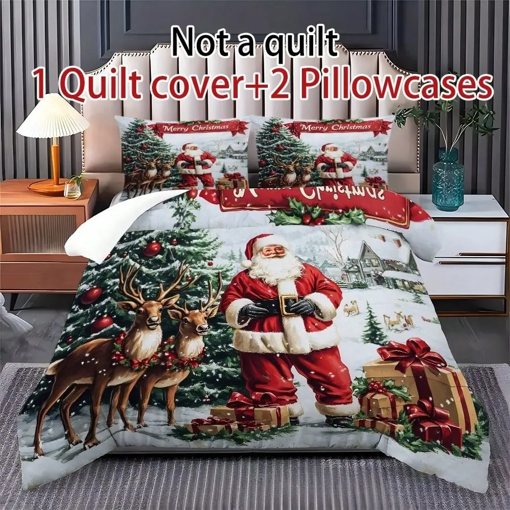Santa Claus and Reindeer Print Bedding Set, 1 Duvet Cover + 2 Pillowcases, High-Definition Printing, Home and Dormitory Bed Linen