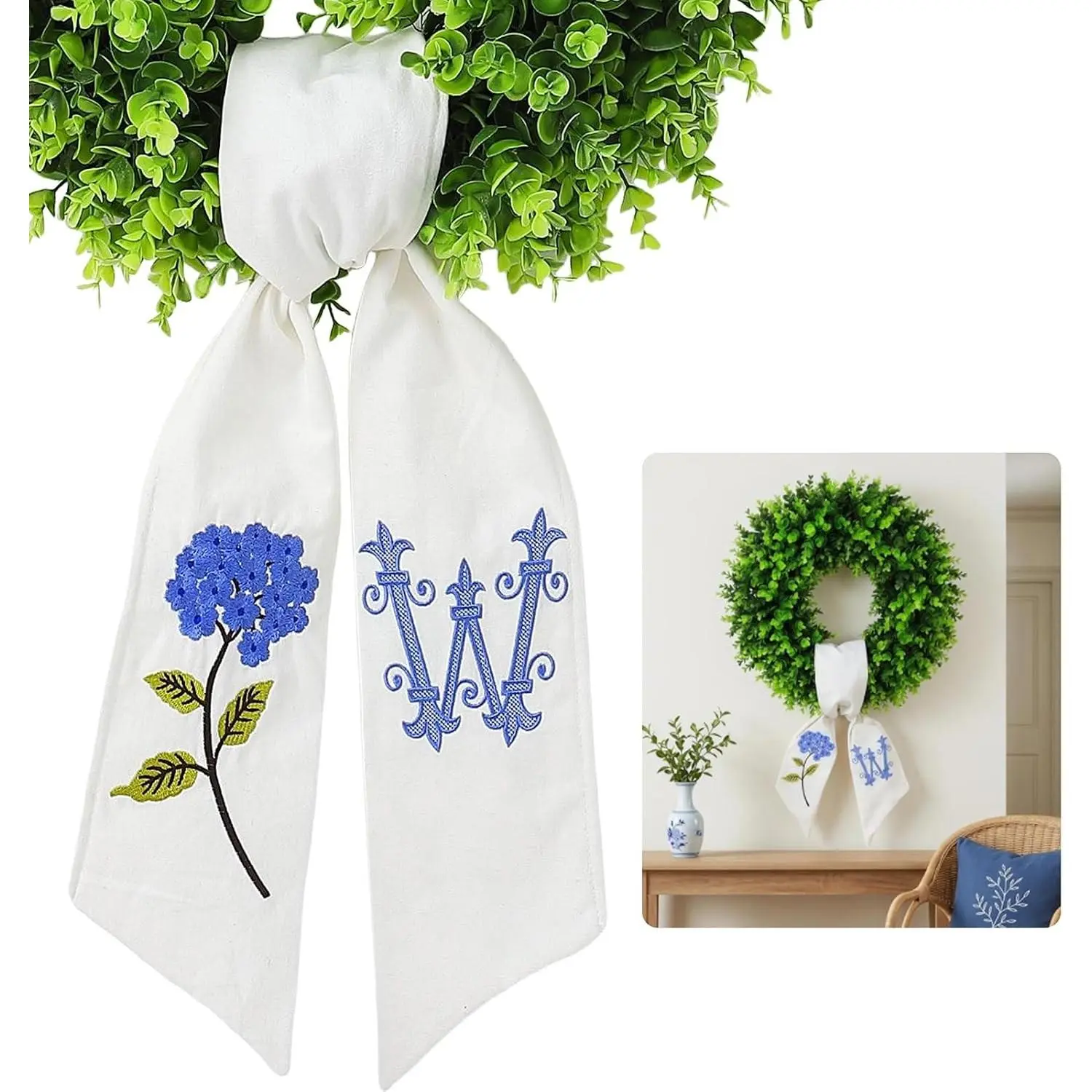 Wreath Sash for Front Door, Embroidered Wreath Sash with Floral & Last Name Initial Monogram,Elegant Wreath Garland Accessories Decor,Wedding Bridal Shower Indoor Outdoor Home Decor(Hydrangea w)