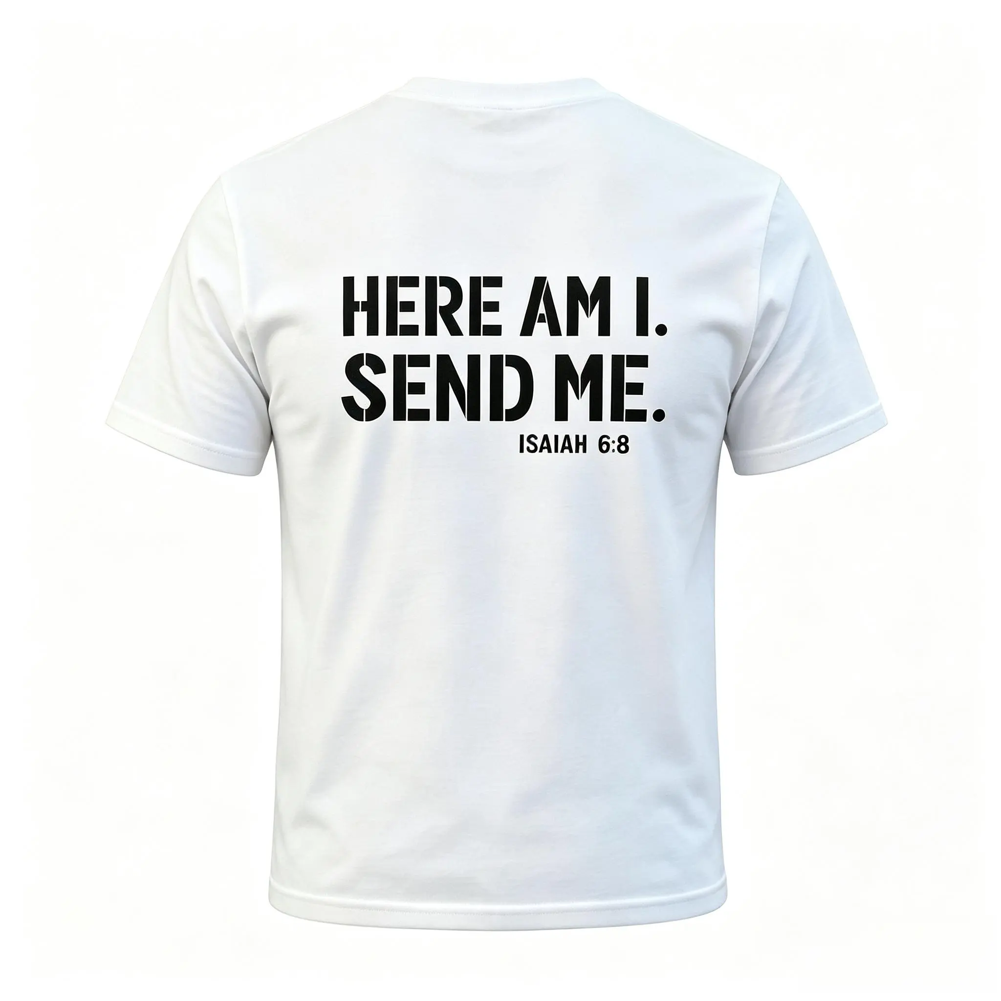 Men's Christian Classic Breathable Cotton T-Shirt - "Here Am I Send Me" Faith Graphic, Short-Sleeve Round Neck, Isaiah 6:8 Bible Verse, Loose Casual Streetwear, Church Wear, Gifts for Him