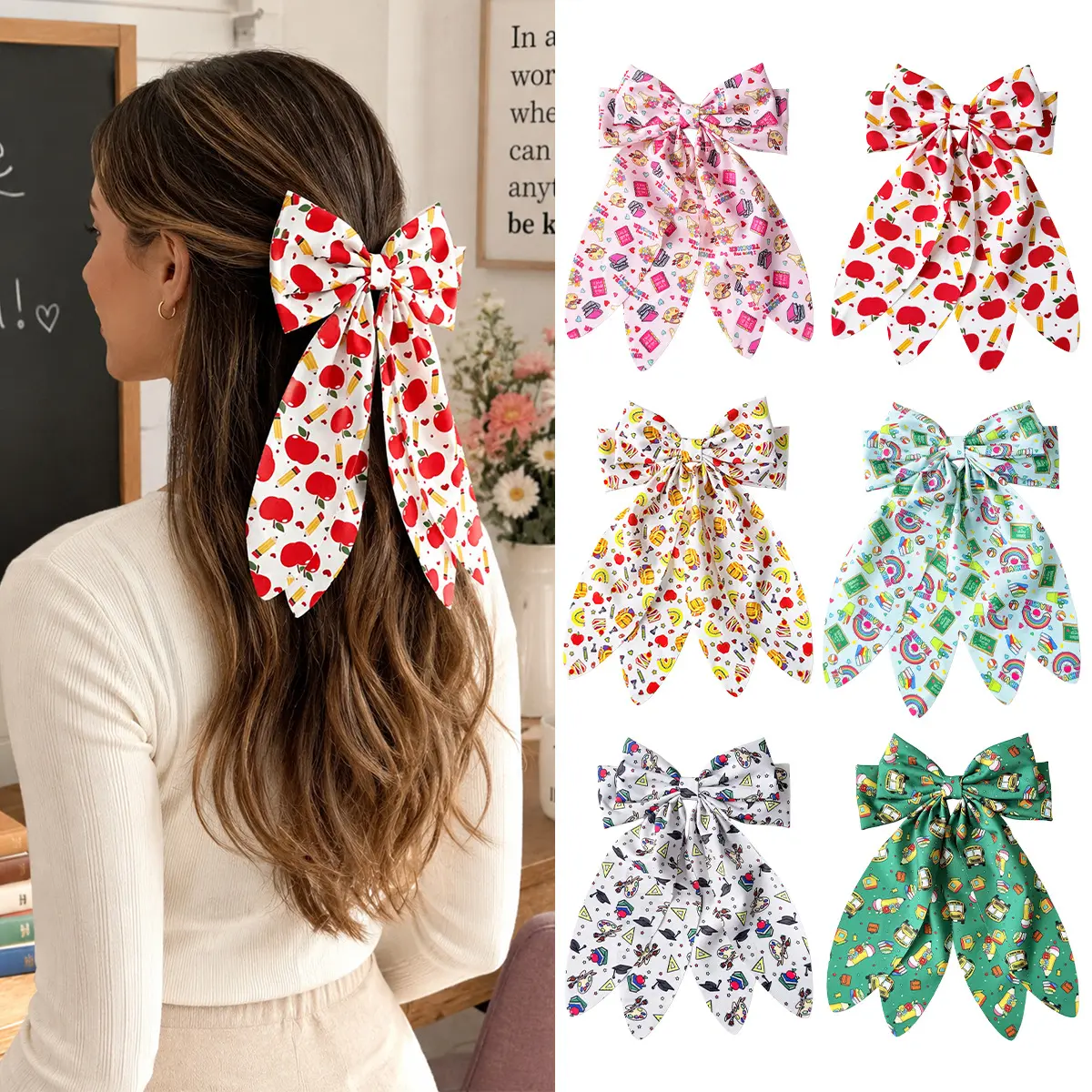 Hair Clips for Girls, 3/6 PCS Peppy Graphic Print Big Bow Barrettes, Polyester Long-Tail Back-to-School Accessories for Top Buns