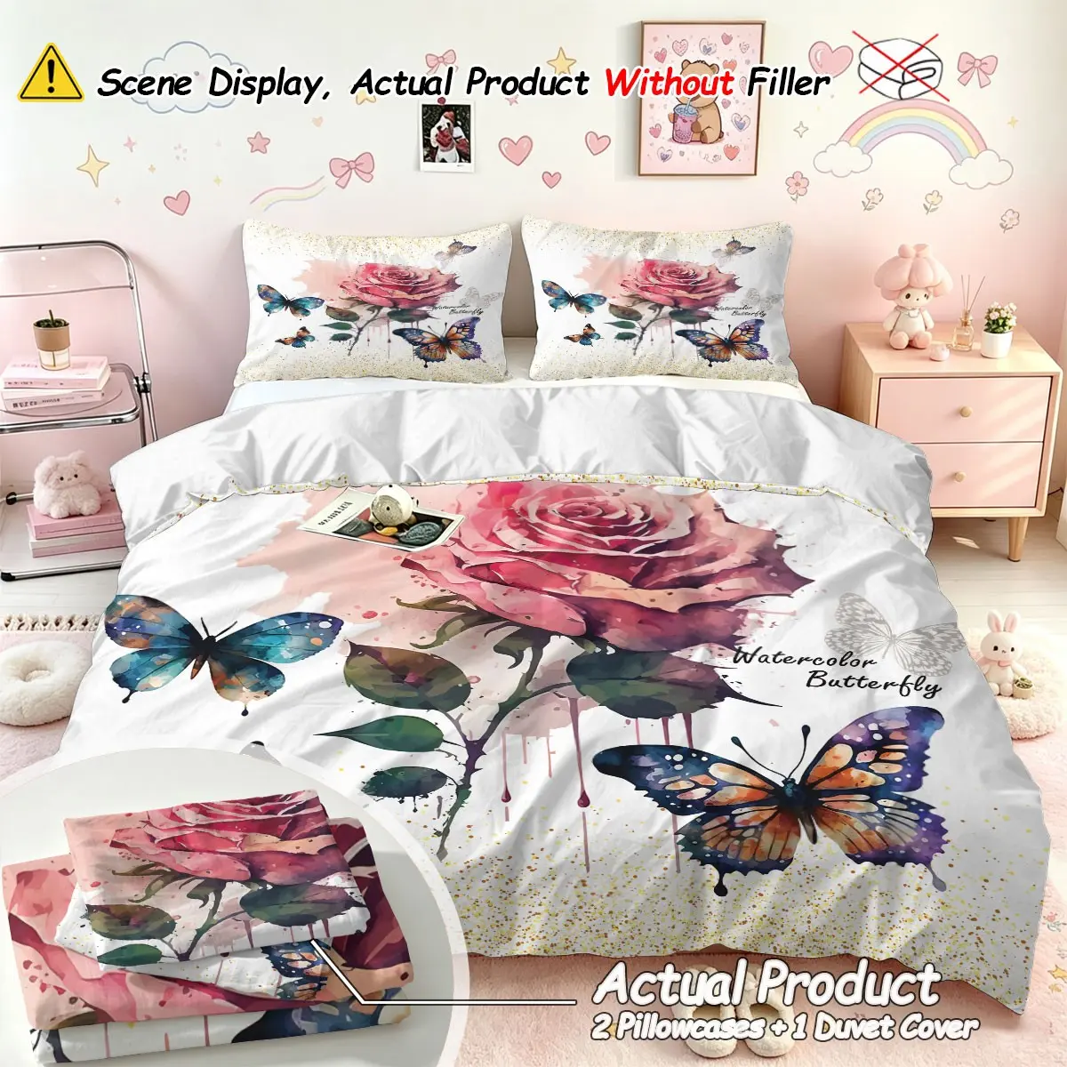 Butterfly & Rose Print Decorative Bedding Set, 3 Counts/set Including 1 Duvet Cover & 2 Pillowcases without Filler, Soft Comfortable Printed Bedding Set for Home Bedroom Hotel, Machine Washable Duvet, Breathable Duvet Set