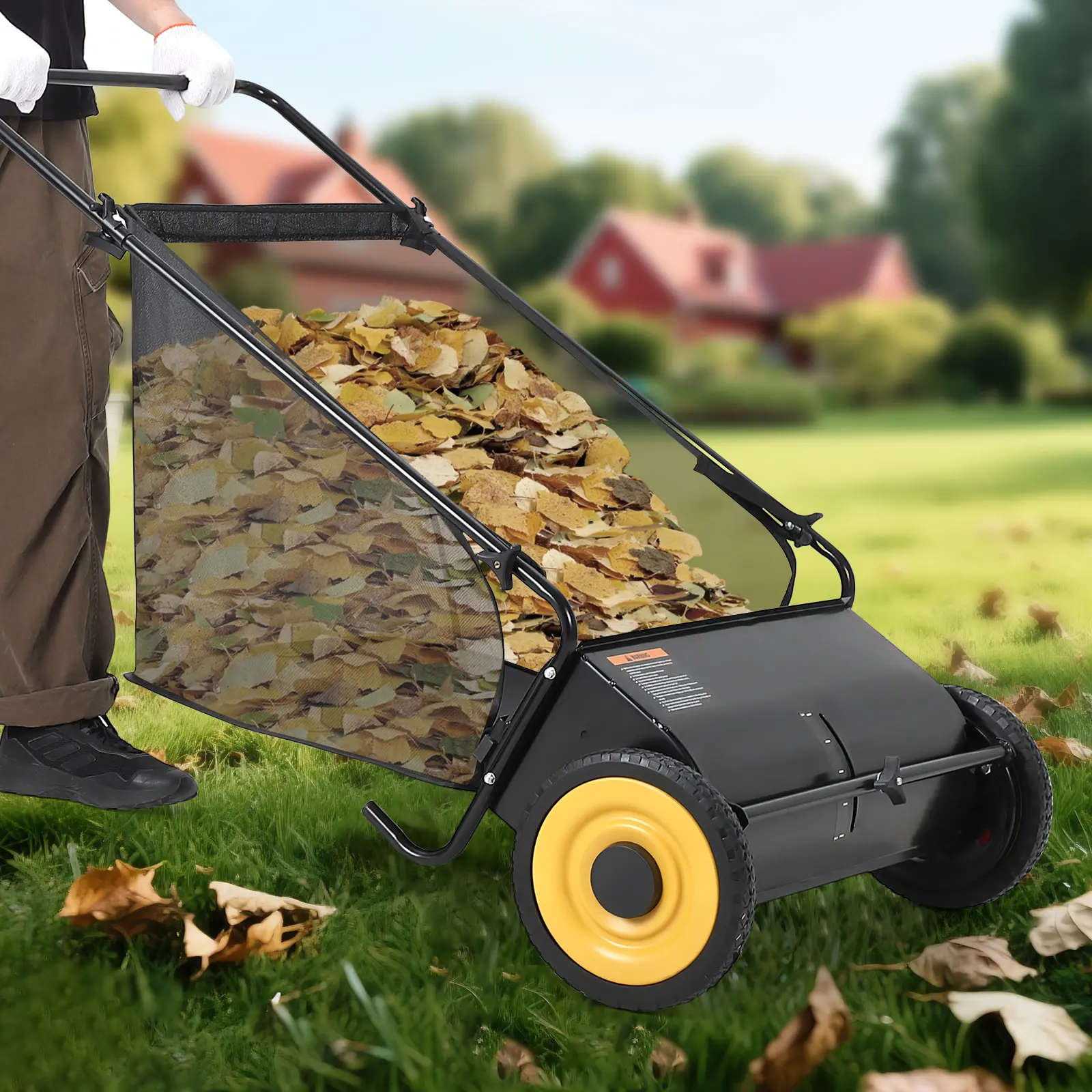 26‑Inch Heavy‑Duty Push Leaf Sweeper, 4 Reinforced Rotating Brushes, 7 Cu.Ft Mesh Waste Bag, Height Adjustable Handle, Solid Rubber Wheels for Yard Lawn Debris Cleanup