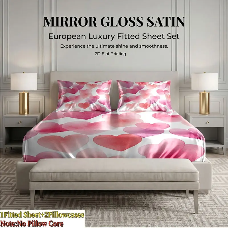 Sheer Satin Full Bed Skirt Three-Piece Set, Smooth Mattress Cover, Breathable Skin-Friendly Bedding, Multiple Patterns, King Queen Size