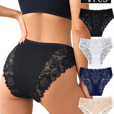 4 PCS Women‘s Elegant Floral Lace Panty Set, Soft Breathable Stretchy Knicker, Seamless Low-Rise Design, For Everyday & Date Night, Comfortable & Non-Irritating, Sizes S-XXL, Seamless Panties, Lacy Panties