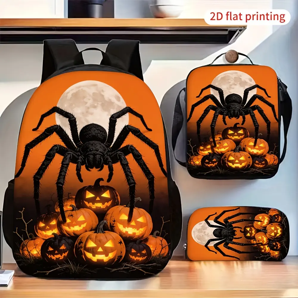 3pcs Fashion Backpack Set Halloween Enormous Spider Glowing Pumpkin Moon Print Backpack with Lunch Bag Pencil Case Casual Daily Travel Storage Bag Set Multi-Purpose Portable Backpack Suit