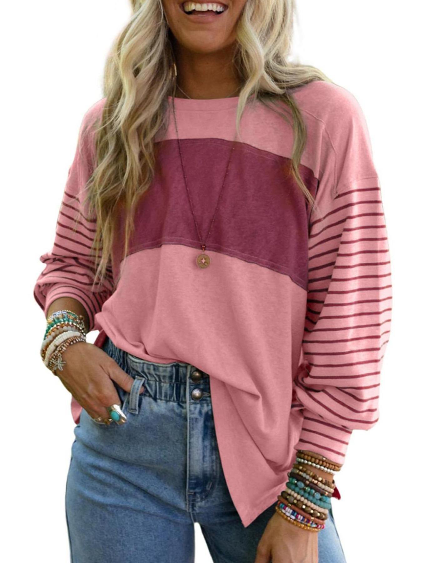 【Plus Size】 Striped Crew Neck T-shirt, Casual Long Sleeve Top for Spring & Fall, Women's Plus Size Clothing for Daily Wear