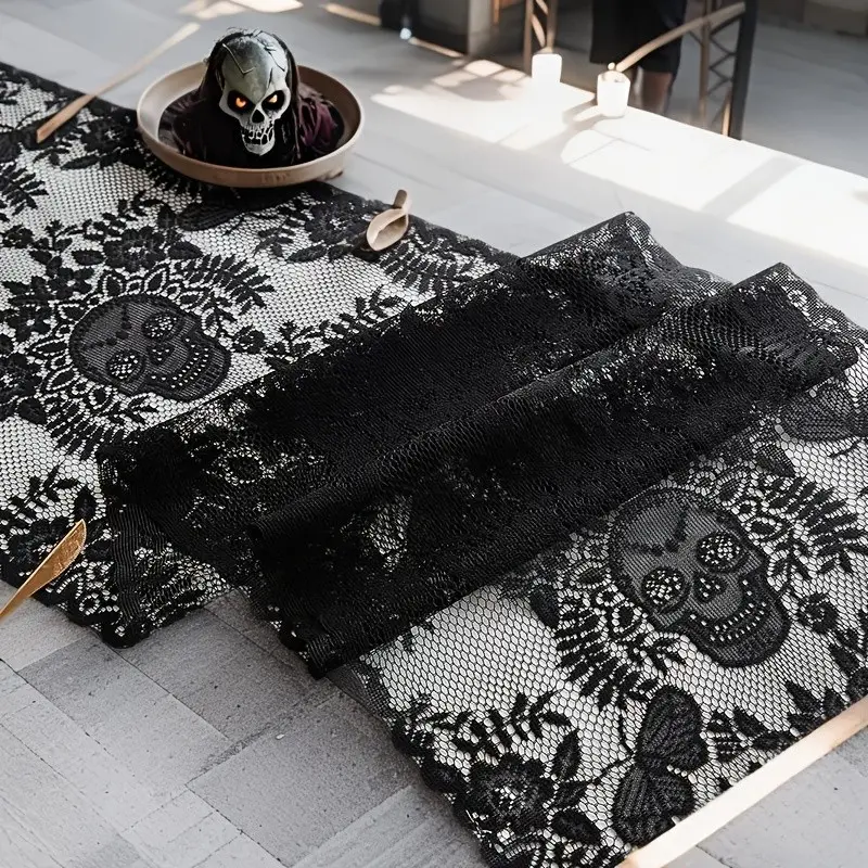 Halloween Table Runner, Gothic Style, Decorative Lace Skulls & Butterflies, 12x71 Inch, Perfect for Home & Kitchen Decoration, 1 Count
