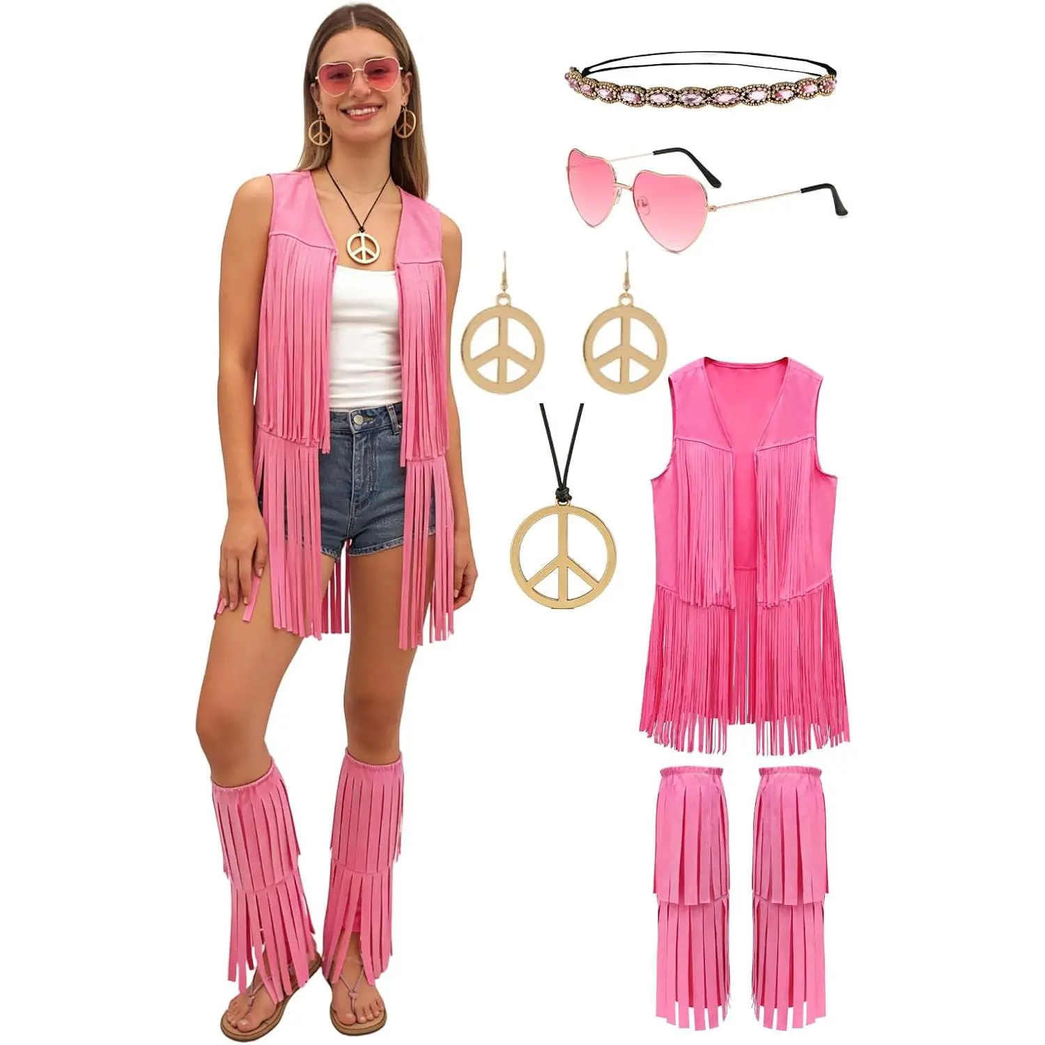 Hippie Costume for Women 60s 70s Retro Disco Outfit with Fringe Vest Adult Hippie Accessories and Boot Covers 5 count