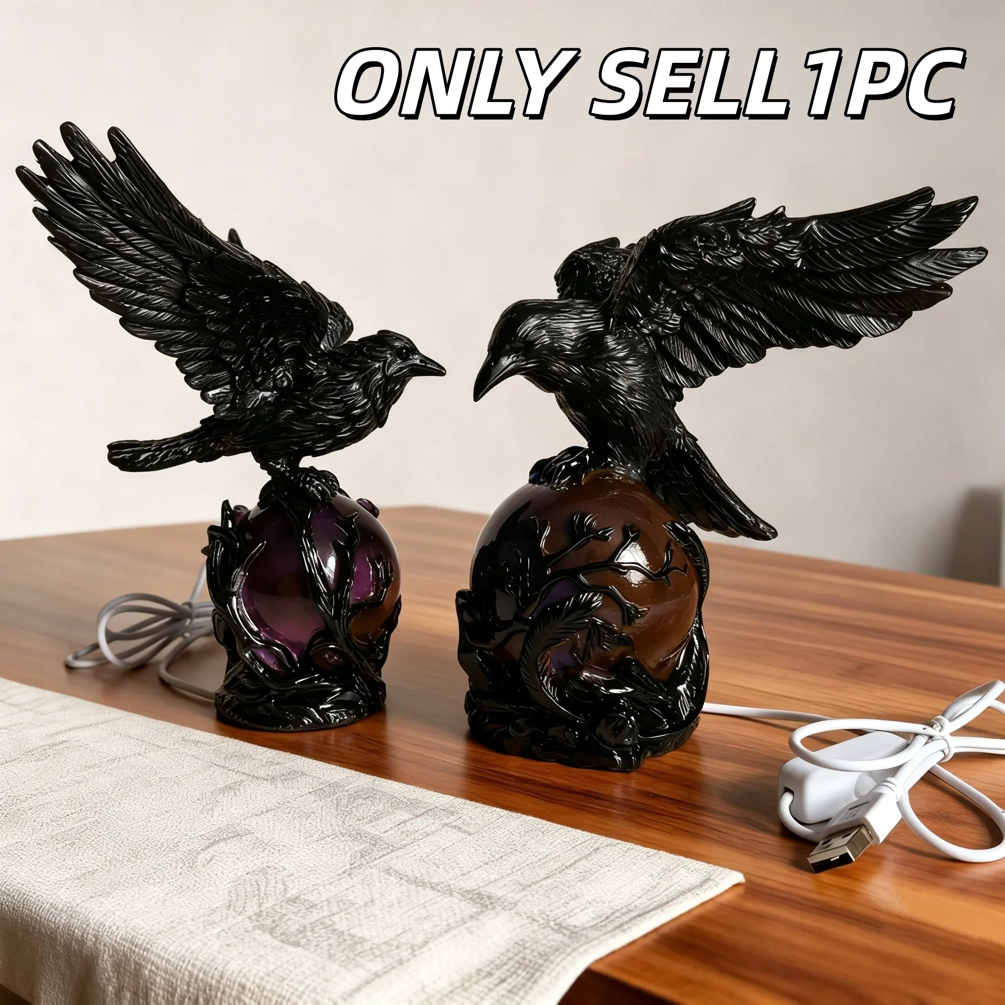 1PC Light-Up Black Raven Purple Crystal Ball Resin Night Light, Gothic Raven Table Lamp, Spooky Decor for Bedroom & Bookshelf, Dark Home Gift for Halloween