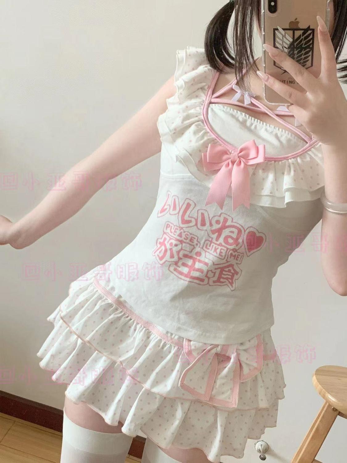 Pink Polka Dot Sweet Bow Mini Ball Gown Skirts Japanese JK Girls Teens Students Cute White Tiered Skirt Ballet Style Lolita Y2K