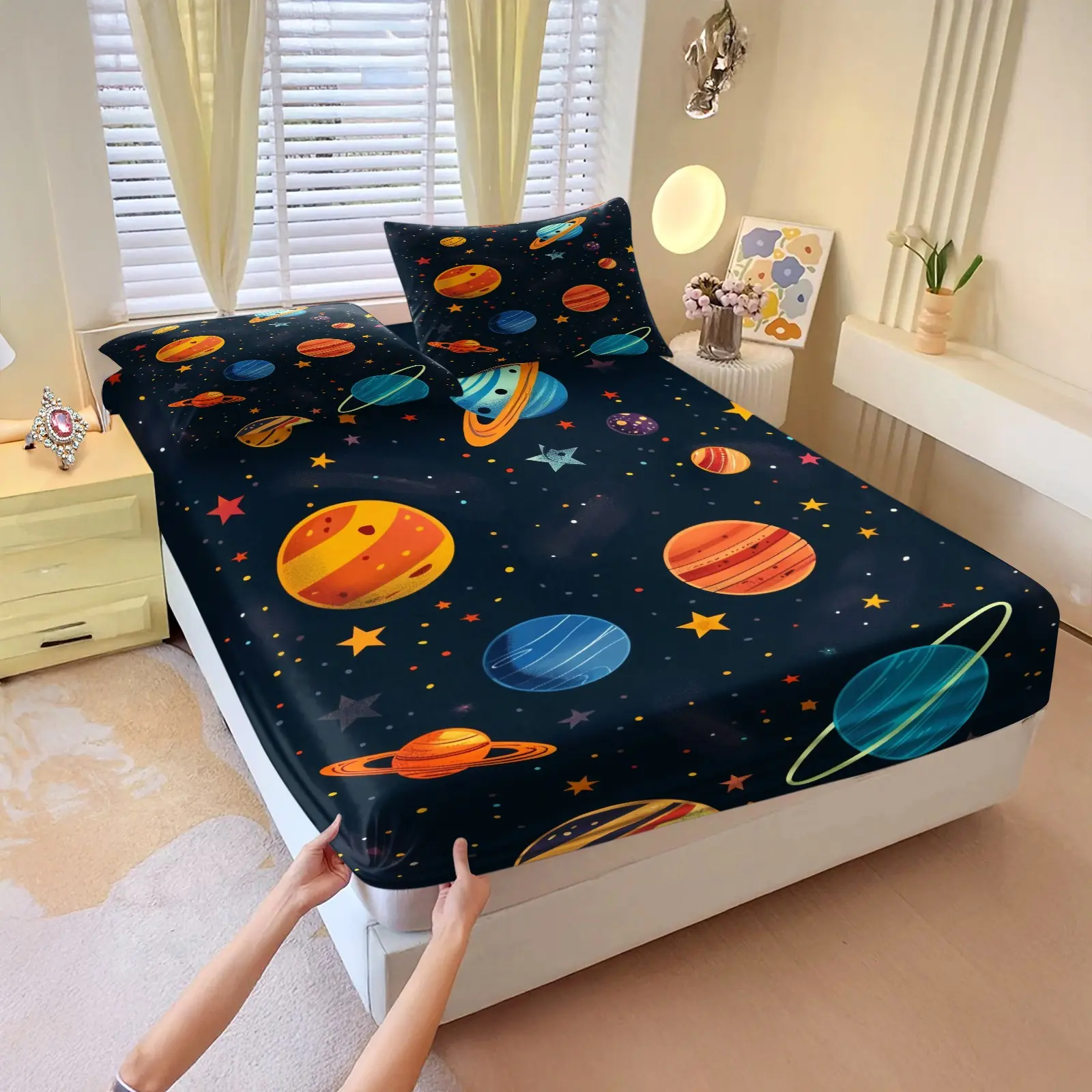 3-Piece Set Of Space Planet Patterned Bed Sheets, Including 1 Bed Sheet And 2 Pillowcases (Excluding Pillow Core), Comfortable Bedding, Non Slip Suitable For Bedrooms, Suitable For Children And Teenagers As Gifts And Decorations, Printed Bedding Set