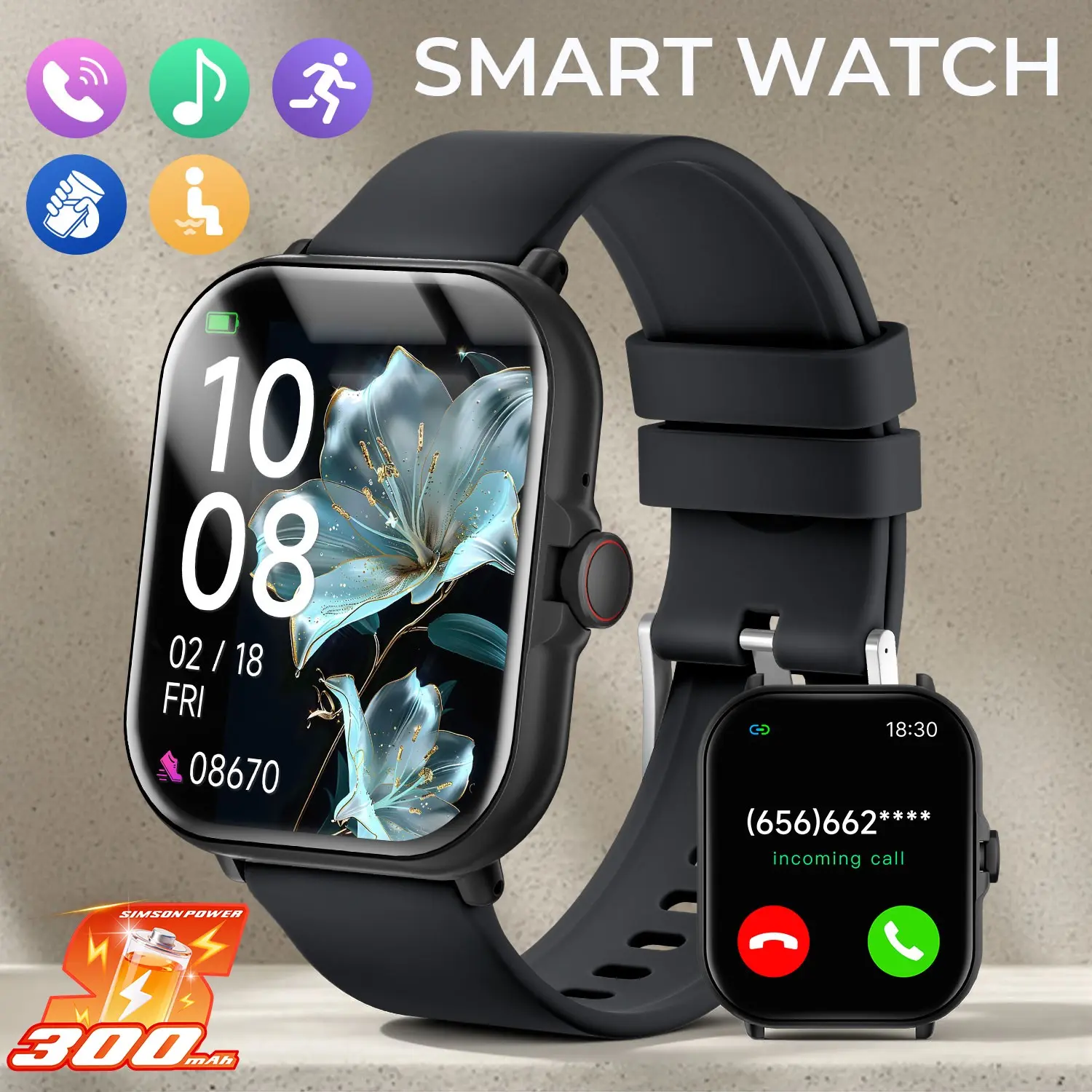 1.83-inch smart watch low-power smart sports watch, paired with 300mAh large capacity battery, equipped with pedometer, calculator, music playback, multiple sports modes, children's gifts, Wearable Smartwatch