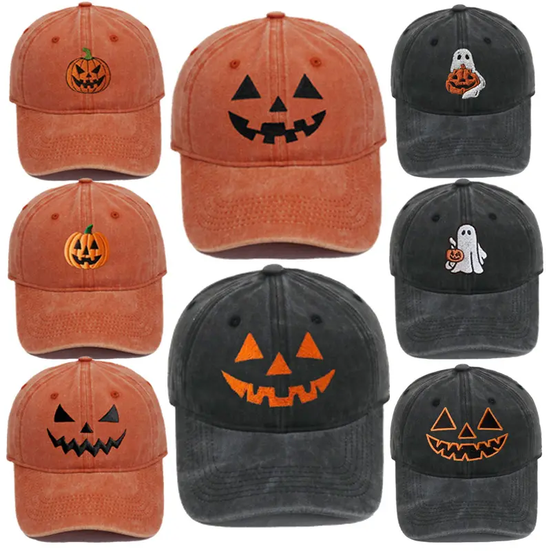 Funny Embroidered Pumpkin Dad Hat for Halloween, Unisex Vintage Washed Distressed Cotton Baseball Cap, Adjustable Strap Soft Casual Sun Hat, Ideal for Autumn Travel, Daily Outdoor & Halloween Party