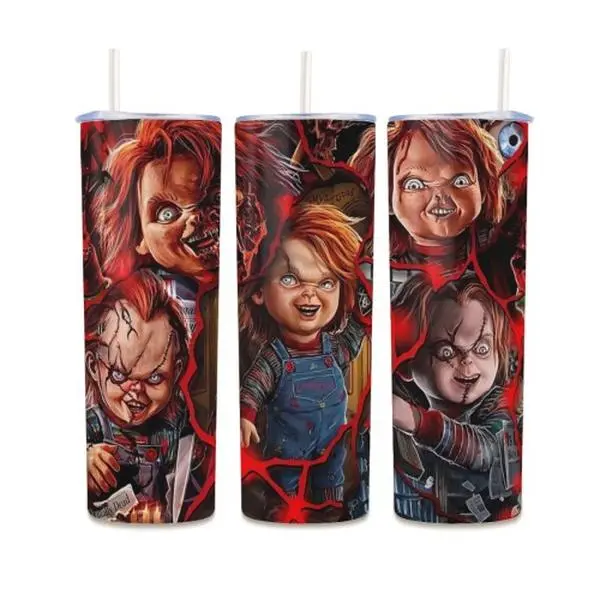 【Back To School】Warner Bros.Horror Character Cracked Border Portrait Collage 20oz Slim Straw Thermos, Horror Full Circle Printed Accompanying Cup, Horror Movie Fans Can Repeat Water Cup, Horror Halloween Niche Festival Gift