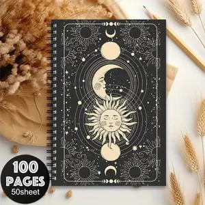 Mystical Witch Spiral Notebook - Featuring celestial sun, moon and star designs, with a black and gold magical cover. The label pages are suitable for diaries, travel, school and office use. A small witch-themed gift (Wicca Astrology Diary)
