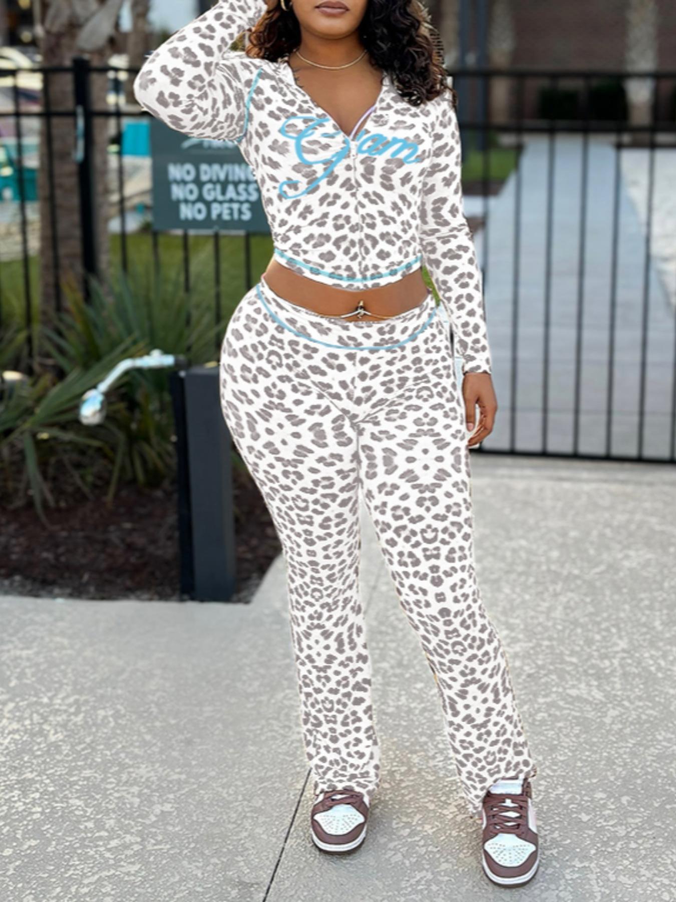 Two-piece Set Women's Leopard Letter Print Zip Up Crop Hoodie & High Waist Skinny Pants, Matching Sets, Casual Fashion Cozy Breathable Two Piece Outfits for Daily Outdoor Wear, Women Long Sleeve Clothes for Fall & Winter, Lady Womenswear, Boss Babe Outfit