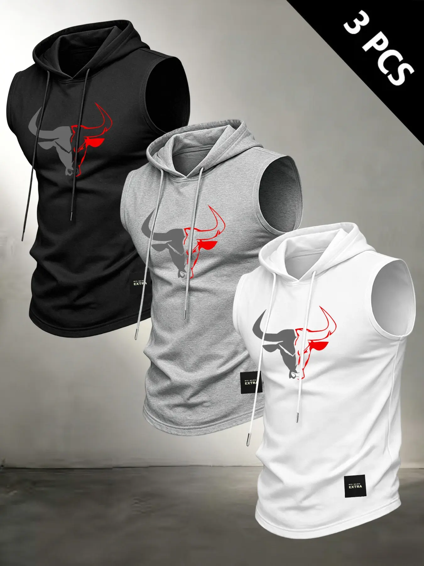 Men Sleeveless Drawstring Hooded Tank Top, Contrast Bull Head Graphic Print Loose Fit Gym Training Casual Streetwear Workout Activewear Vest #BullPrintTank #GymHoodedVest #MensWorkoutClothes #StreetwearTank #TikTokMadeMeBuyIt
