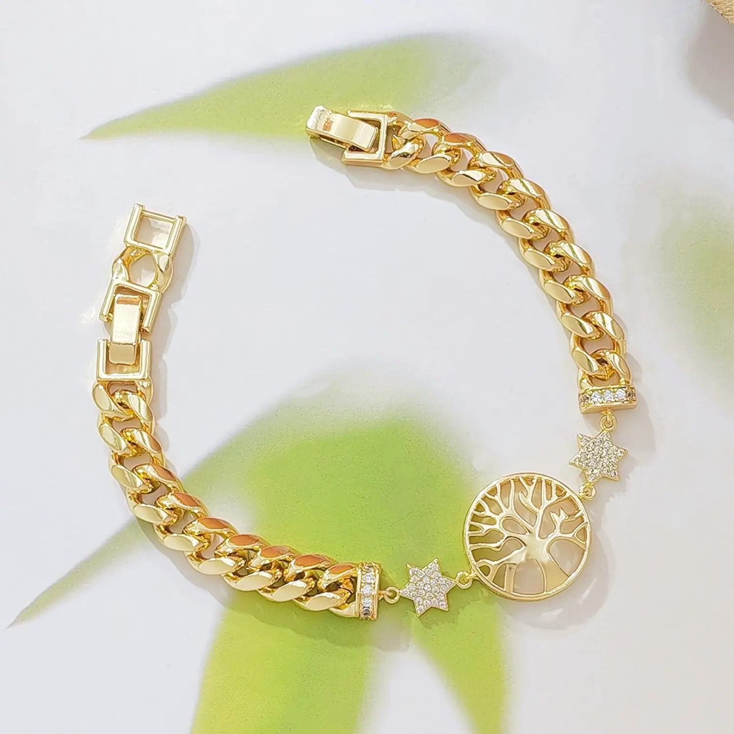 Women's Tree of Life Bracelet, Gold-Tone Hip Hop Thick Metal Chain with Zircon Star Charm, Punk Jewelry Party Gift, Wristband, Thick Chain, Unisex, Heavy Chain