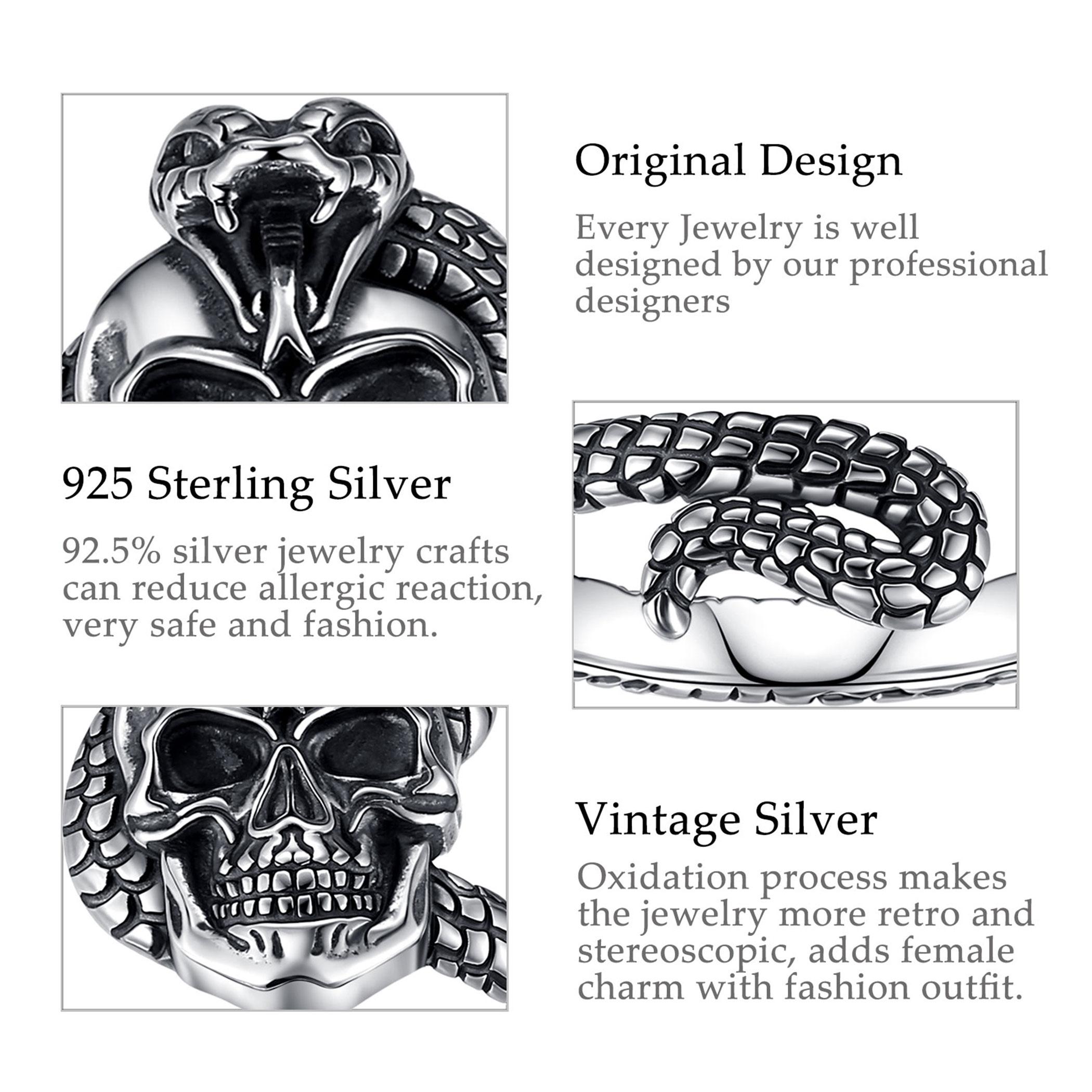 Eudora 925 Sterling Silver Skull Serpent Ring Adjustable Open Band Vintage Oxidized Snake Skeleton Gothic Punk Statement Jewelry for Men Women