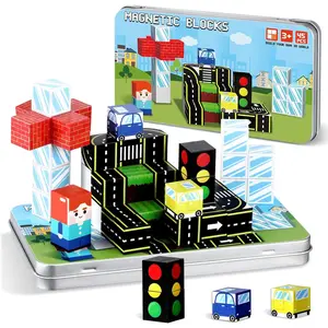 45 Pieces Mini Magnetic Building Blocks Travel Toys (0.8" x 0.8") with Portable Iron Case, Bell-Like Rustling Sounds, Transportation Theme, Learning Birthday Gifts for Kids Ages 3-8