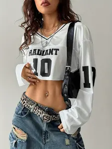 Women's European and American Style Minimalist Letter and Number Printed Short Mesh Spliced V-Neck T-Shirt, Trendy Versatile Casual Long-Sleeve Sports Top