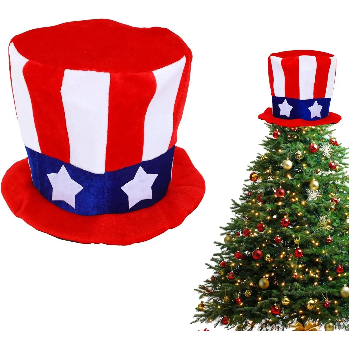 Lightweight Modern Plush Fabric 4th of July Patriotic Tree Topper - Red-White-Blue Hat, Reusable Multiple Holidays Decor for Memorial Day, Independence Day Party Supplies