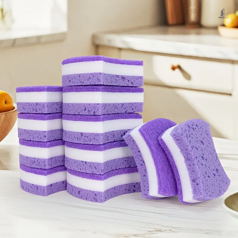 6/12Pcs Purple & White Triple Layer Cleaning Sponges, Non Scratch Scrub Sponges, Kitchen Dish Washing Pads for Pots Sink Tile Glass Household Cleaning