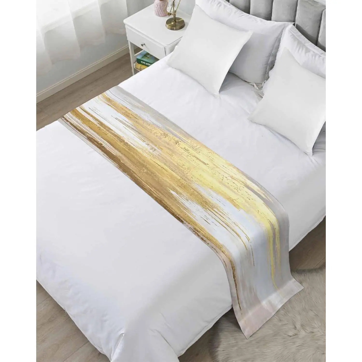 Gold Grey Abstract Contemporary Graffiti Art Luxury Bed Runner Scarf, Fits Cal King Twin Full Queen King Size, 102"x20" Decorative Bed Throw for Bedroom Hotel Wedding