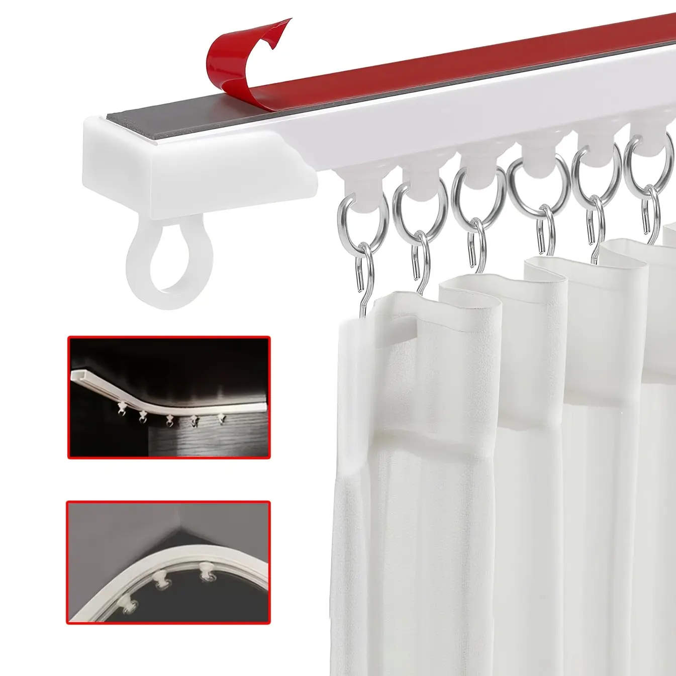 1 Set  No Drill Self Adhesive Curtain Track Rail, Cuttable Silent Ceiling Mount Curtain Rail with L Connectors for Window Closet Room Divider Bathroom